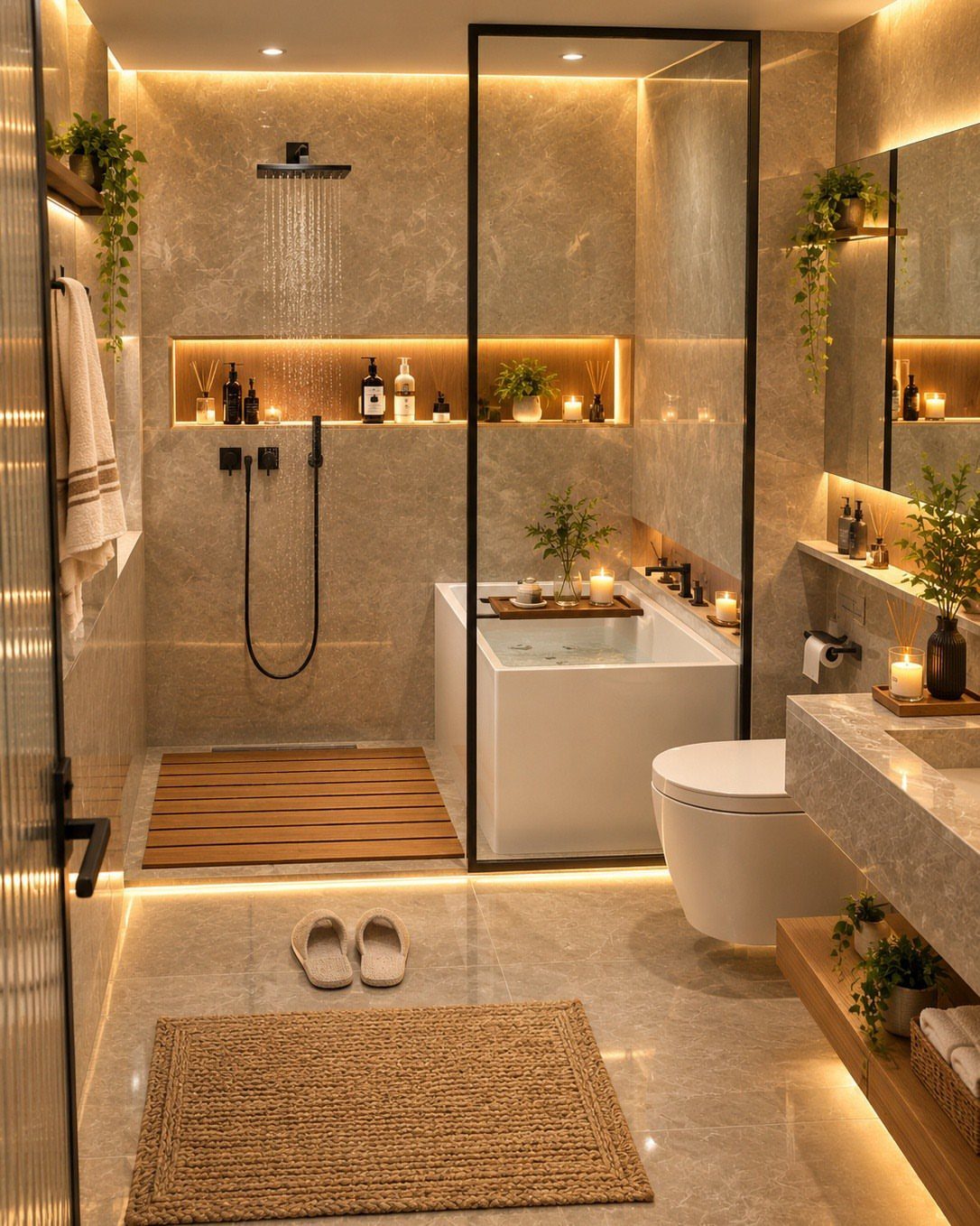 Modern master bathroom with a glass-enclosed shower, bathtub, marble tiles, and warm ambient lighting.