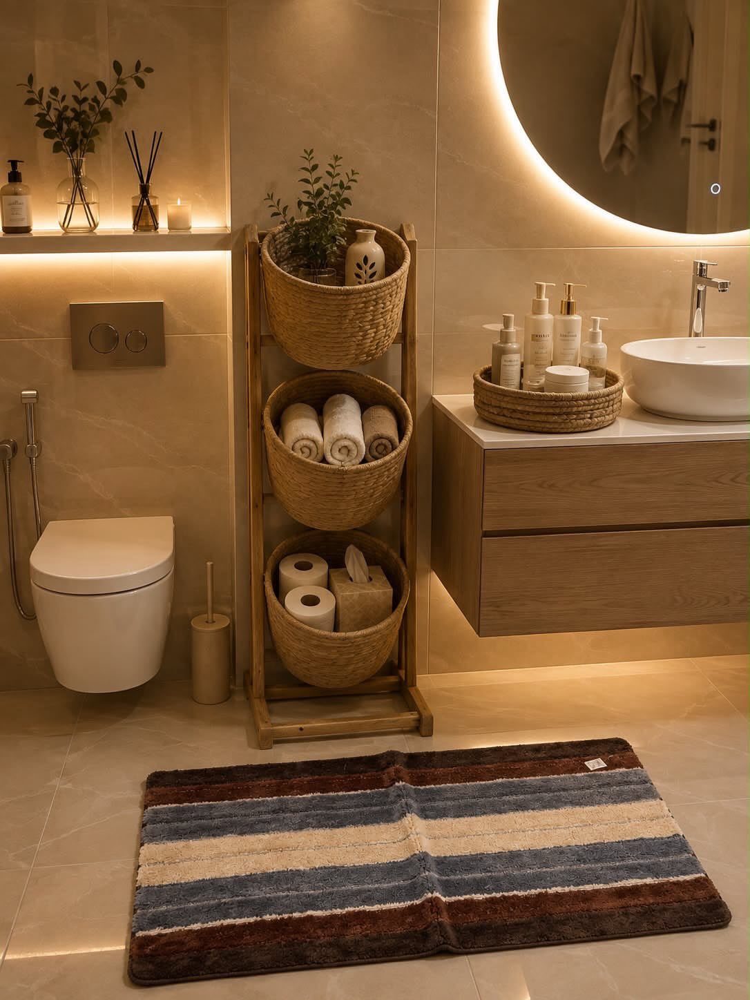 Three woven baskets on a wooden stand holding towels and bathroom supplies in a warm lit room.