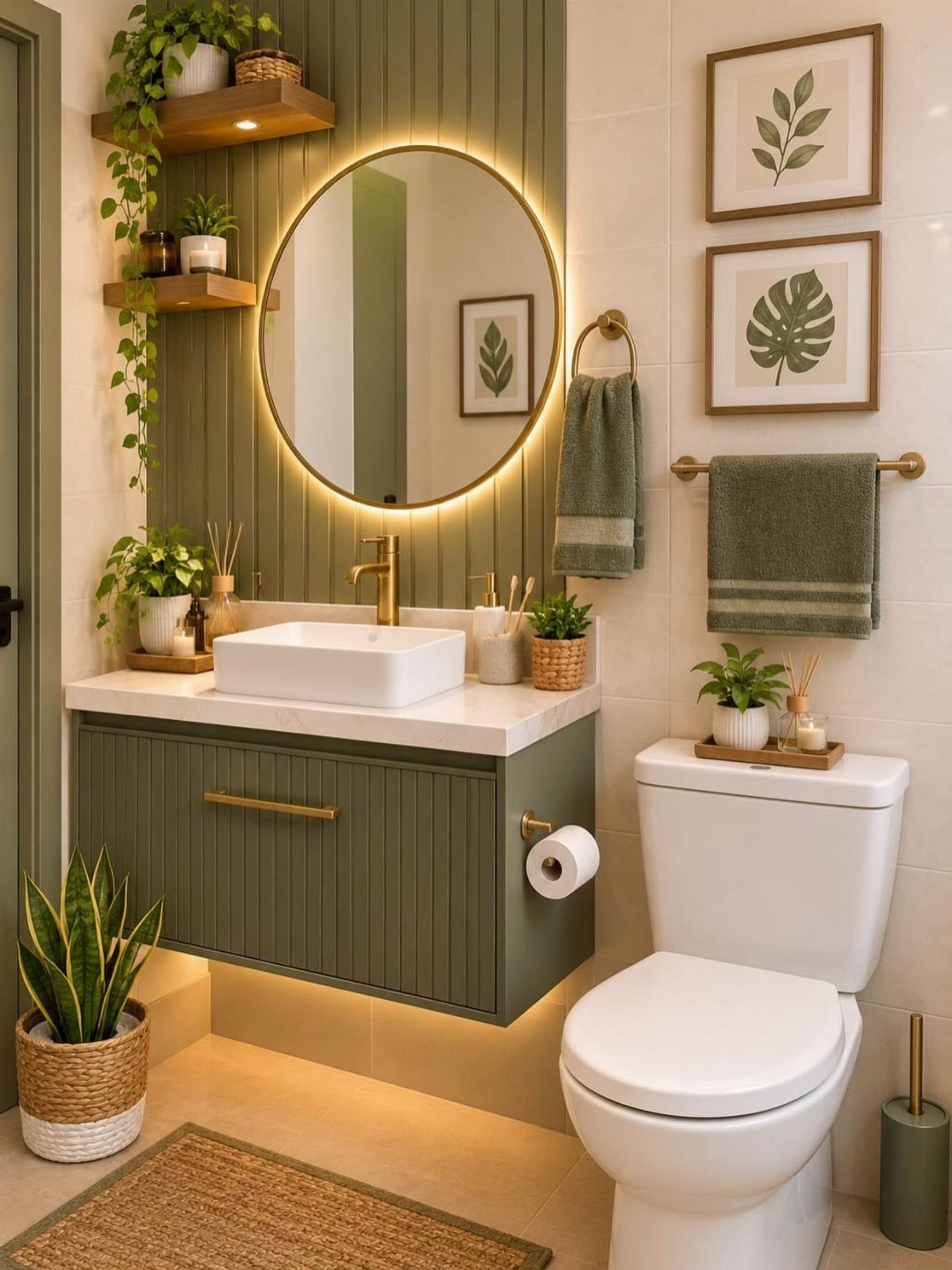 A round backlit mirror mounted on a green slat wall above a modern bathroom vanity.