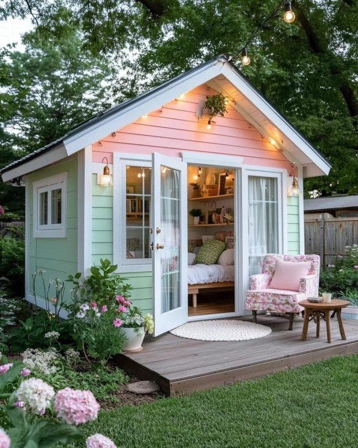 A pastel mint and pink garden shed with white trim and a wooden deck.