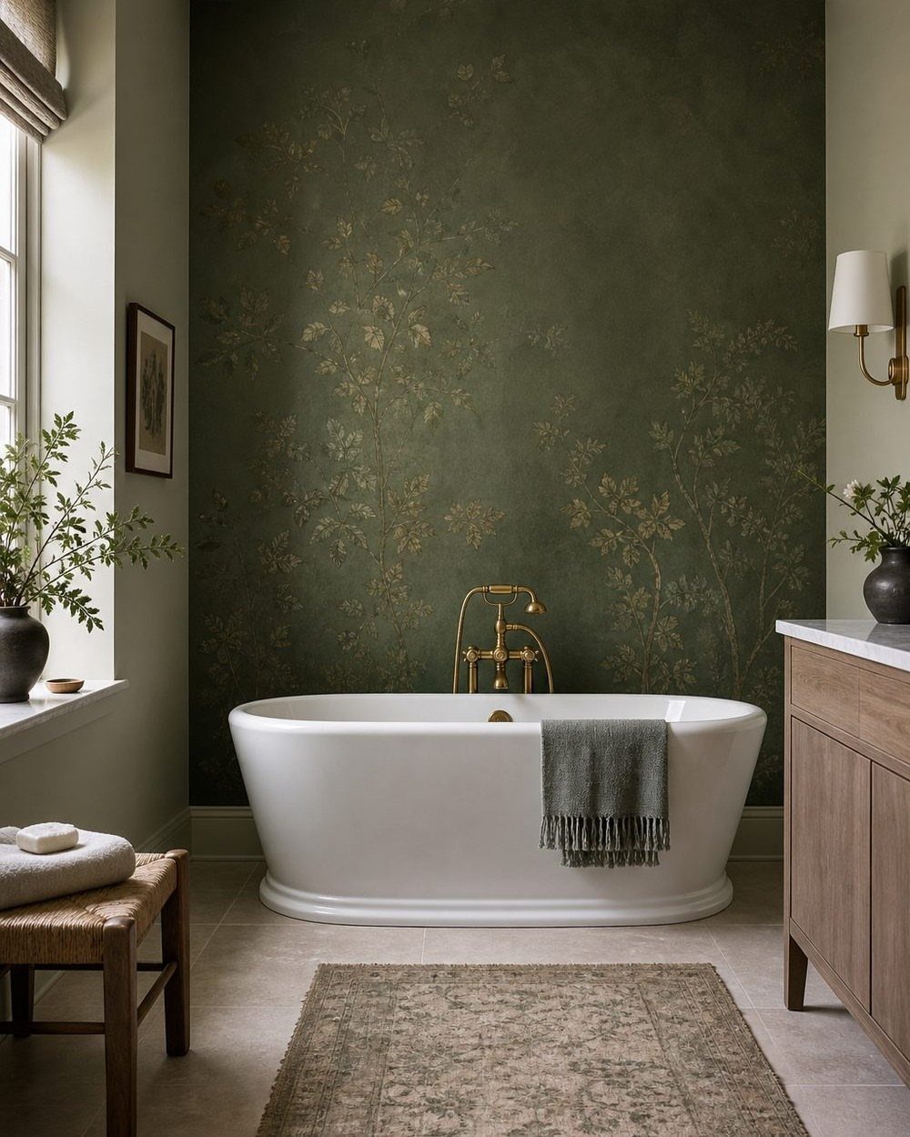 A white freestanding bathtub positioned against a dark green floral patterned wall in a modern bathroom.