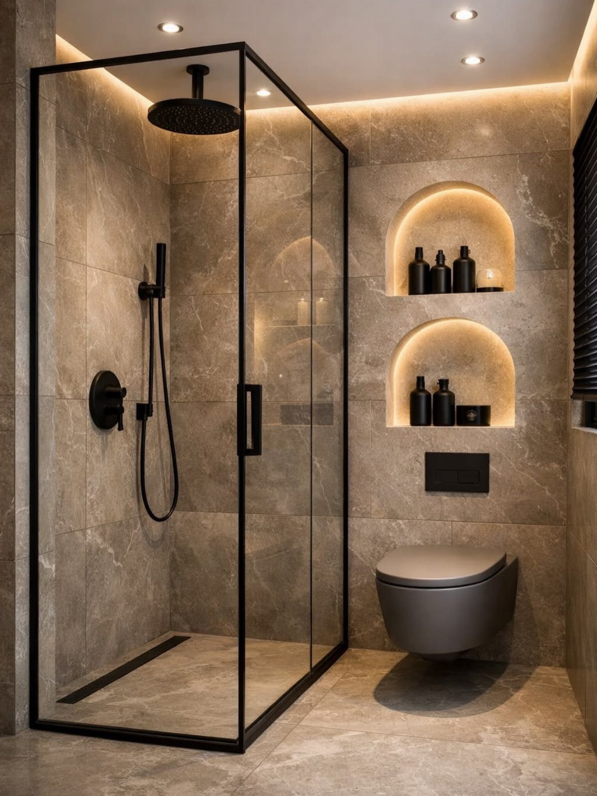 Modern bathroom with a black framed glass shower, marble tiles, and illuminated arched wall niches.