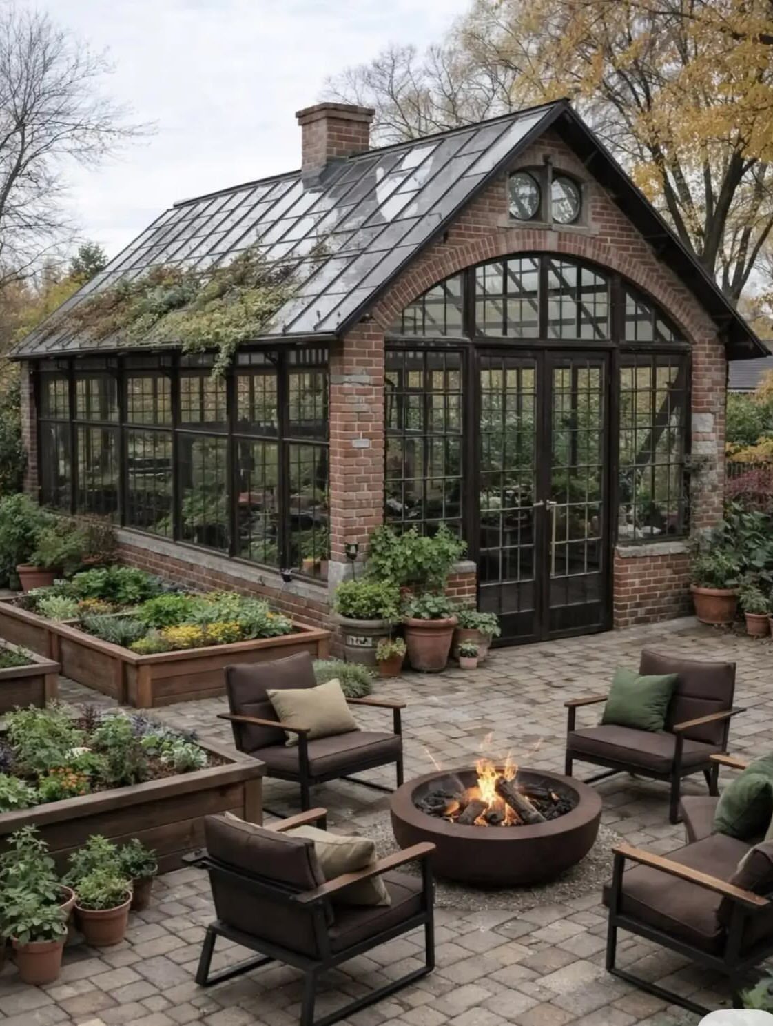 A brick greenhouse with large glass windows and doors surrounded by garden beds and patio seating.