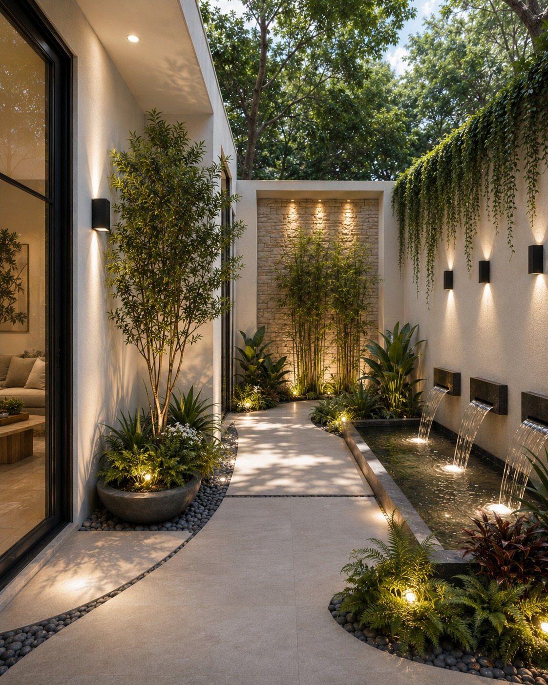A modern narrow courtyard with a stone path, water feature, and lush greenery under warm lighting.