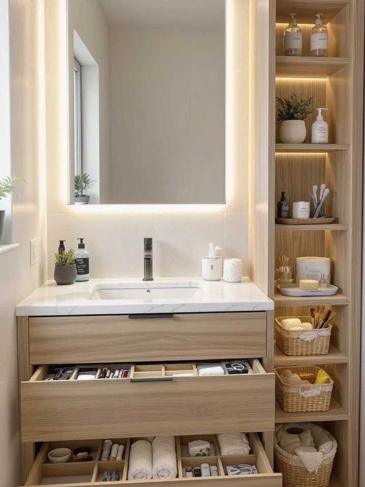 Open wooden bathroom vanity drawers revealing organized toiletries and rolled white towels.