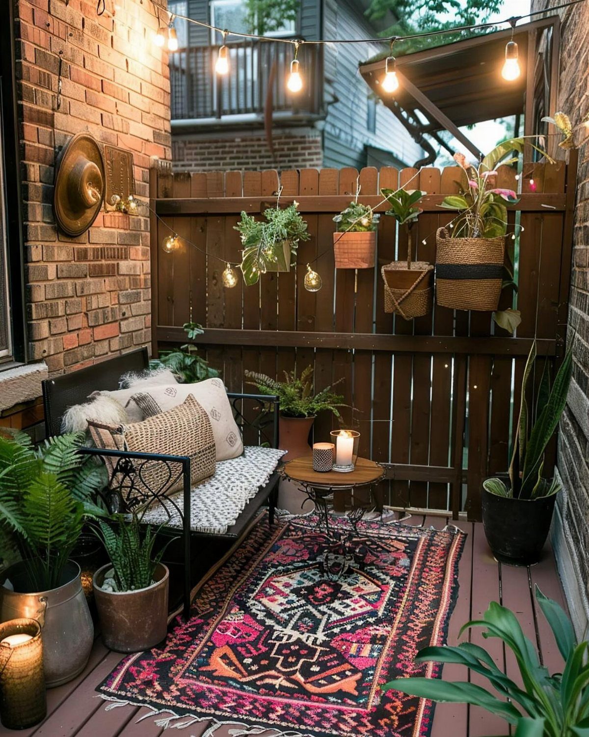 A small decorated patio with a bench, colorful rug, potted plants, and string lights.