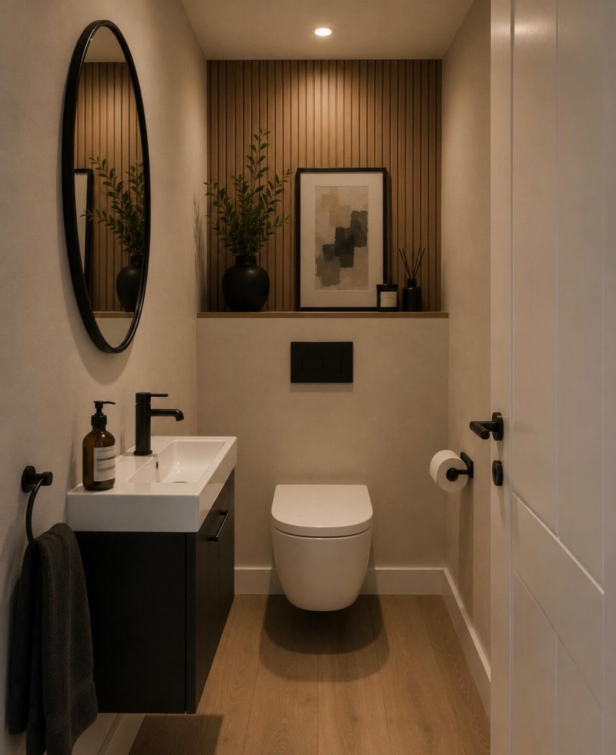 Modern small bathroom with a white toilet, black vanity, and wooden slat accent wall.