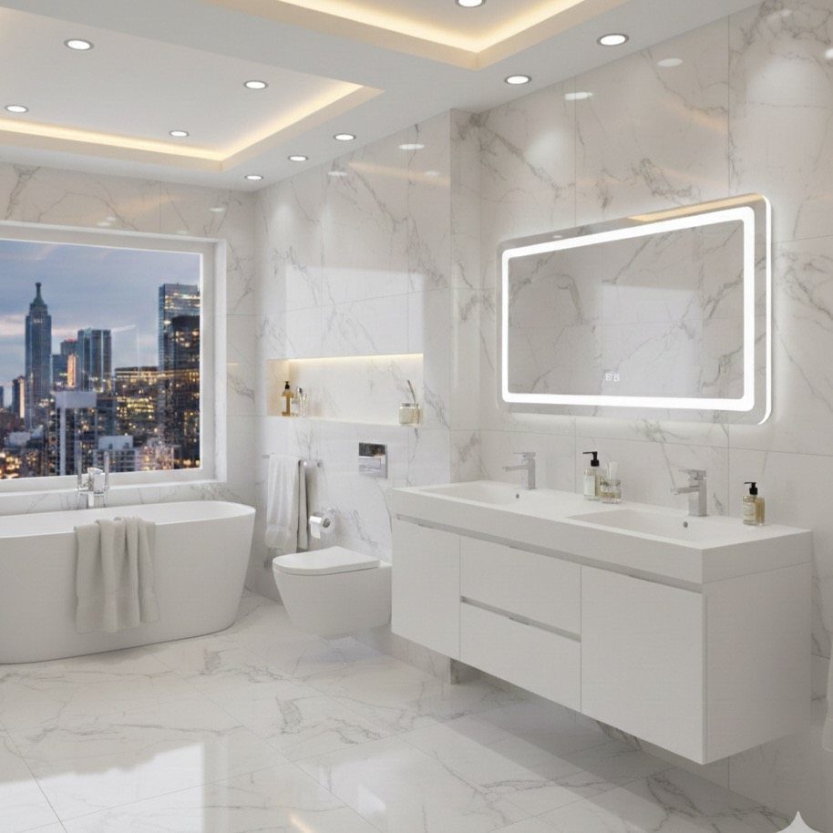 White double sink vanity with an LED mirror in a marble bathroom overlooking a city.