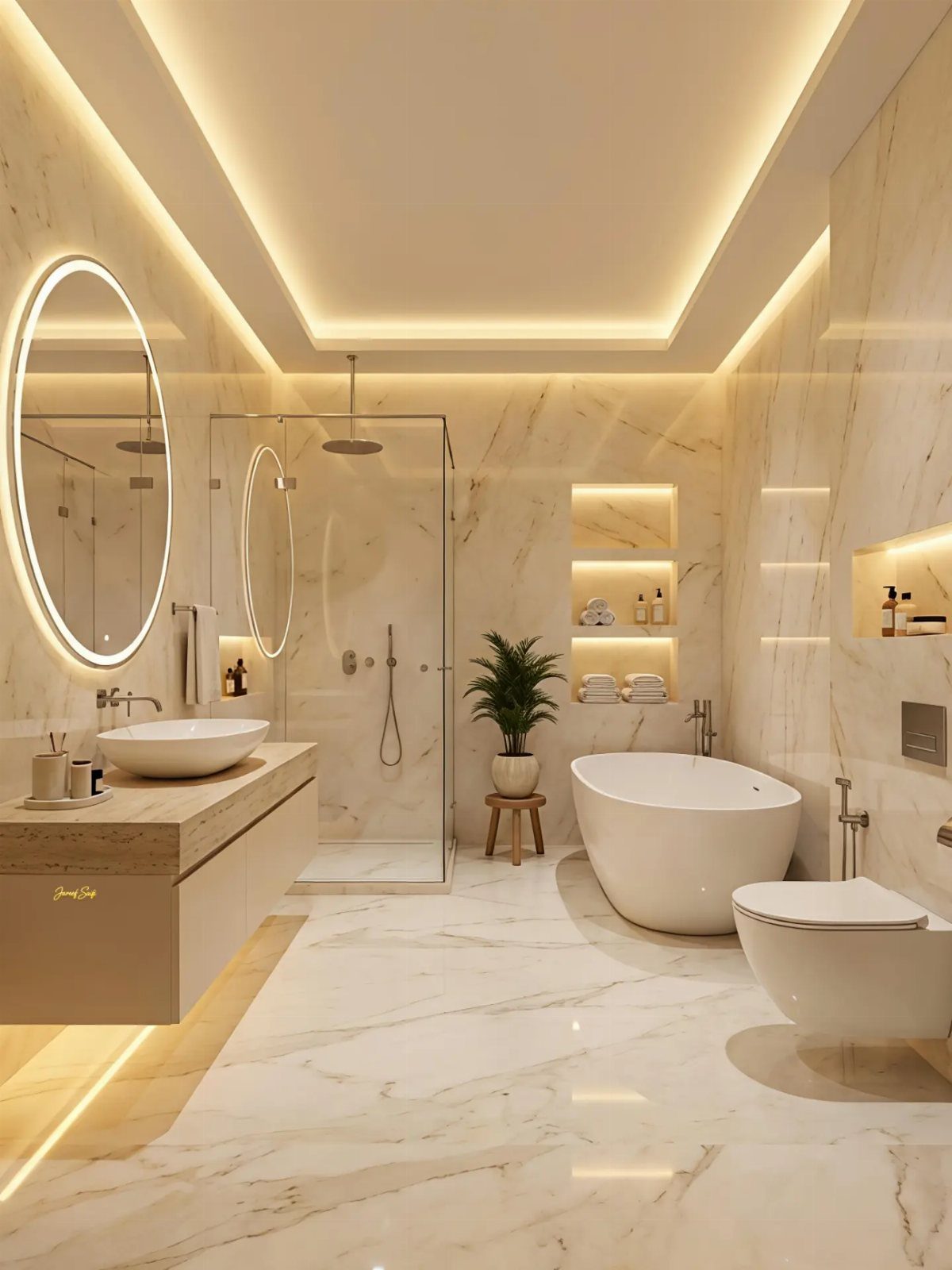 A luxurious modern bathroom with white marble tiles, a freestanding bathtub, and a glass shower enclosure.